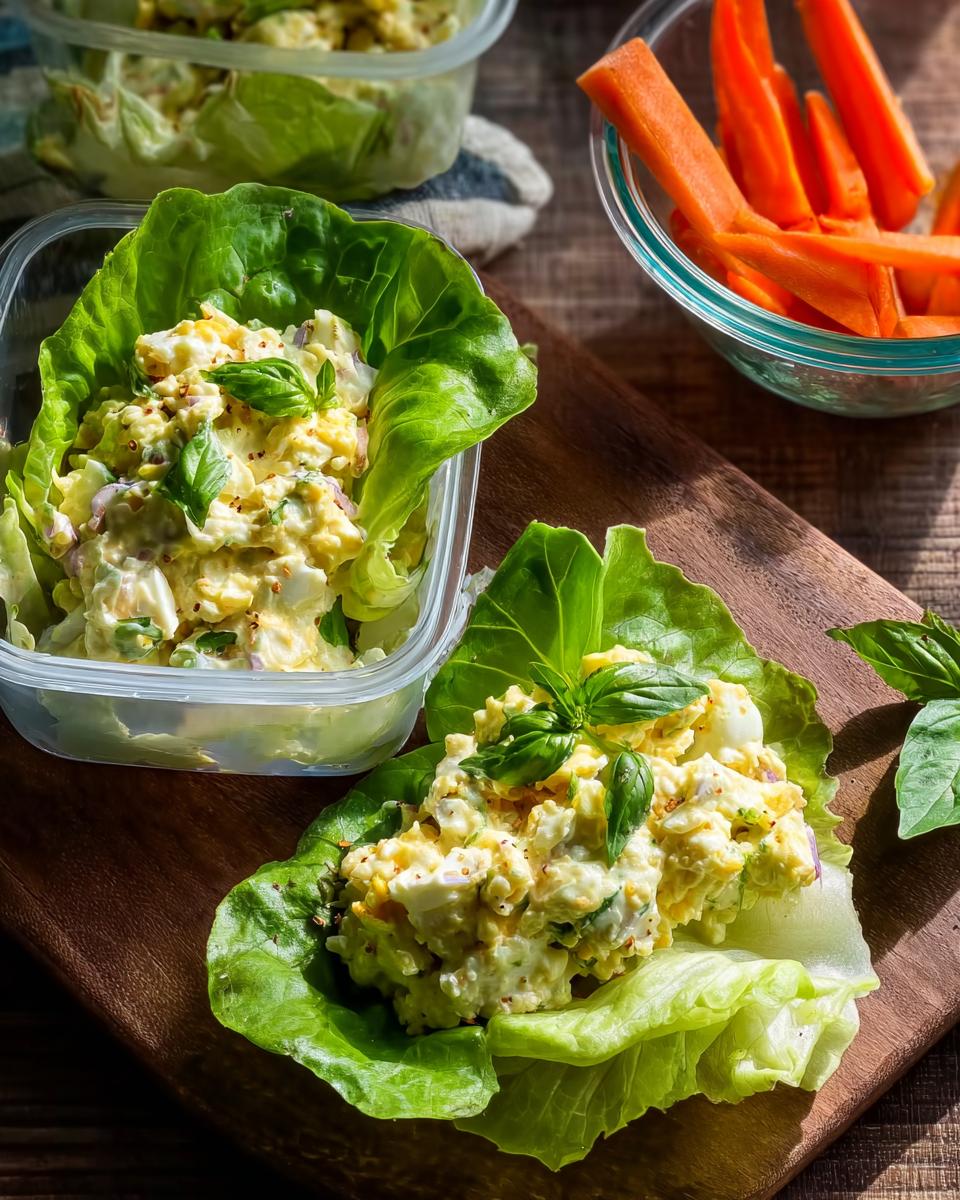 Two servings of protein-packed lunch boxes featuring egg salad served in lettuce cups, with carrot sticks in the background.
