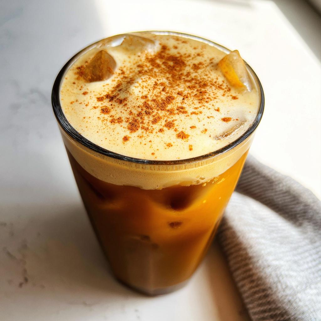 A tall glass filled with Pumpkin Cream Cold Brew, topped with thick foam and sprinkled with cinnamon.