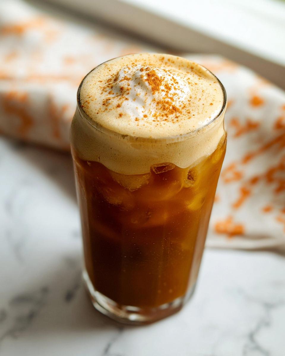 A tall glass filled with ice and dark coffee, topped with thick pumpkin cream foam and a sprinkle of cinnamon for a Pumpkin Cream Cold Brew (Copycat).