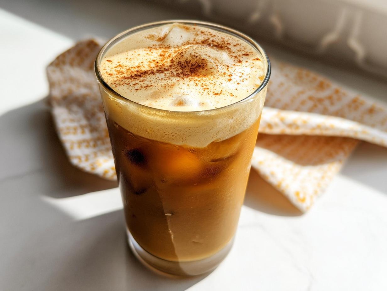 A tall glass of iced Pumpkin Cream Cold Brew copycat topped with thick foam and sprinkled with cinnamon.