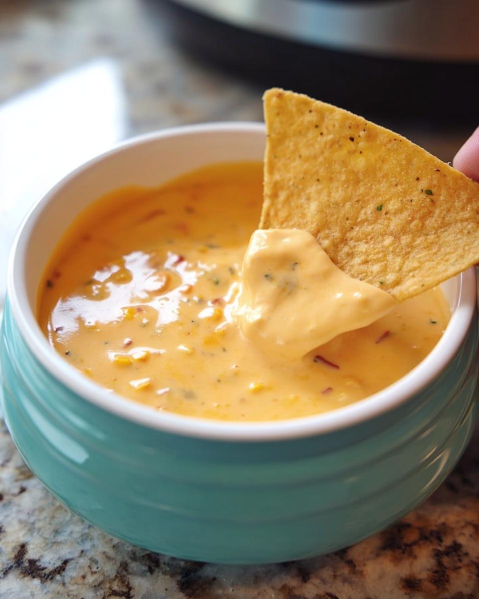 A tortilla chip being dipped into a creamy bowl of homemade Queso Dip, showing its smooth texture.