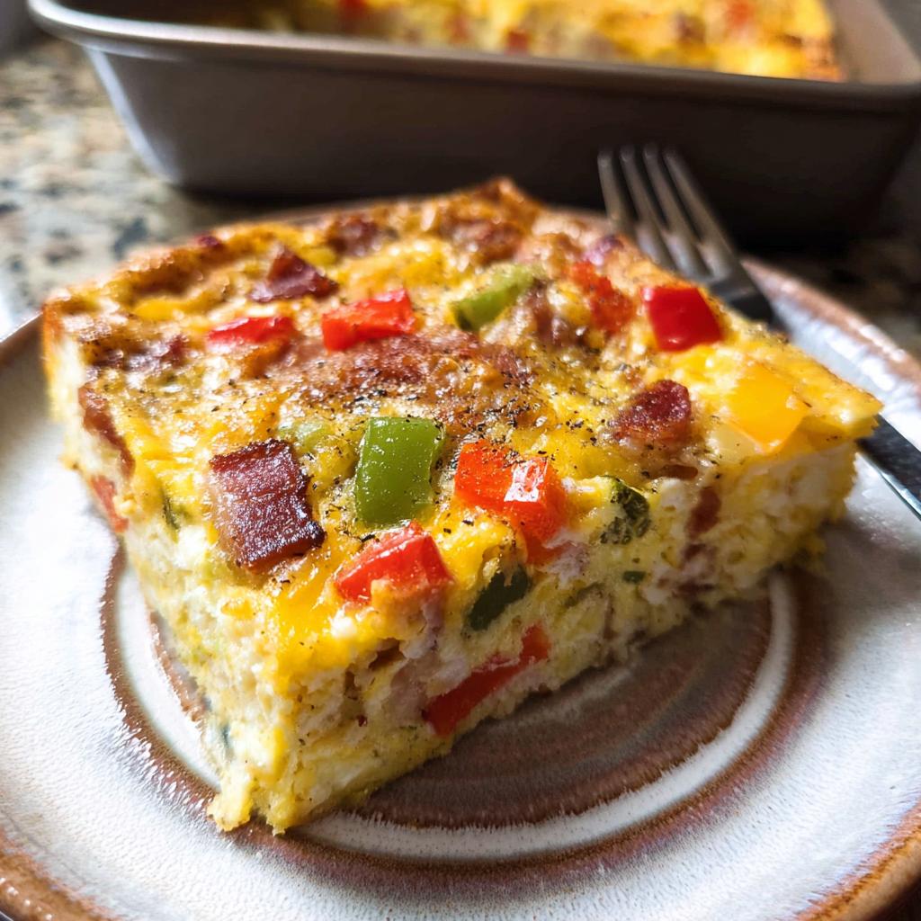 A generous slice of Quick Breakfast Casserole in a 9x13 Pan, topped with bacon and colorful bell peppers.