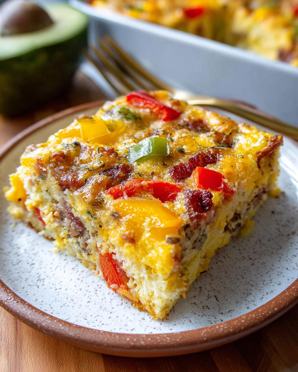 A square slice of Quick Breakfast Casserole featuring eggs, sausage, bacon, and colorful bell peppers on a speckled plate.