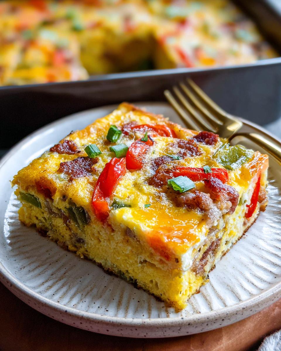 A square slice of Quick Breakfast Casserole in a 9x13 Pan, topped with bacon and peppers, served on a plate.