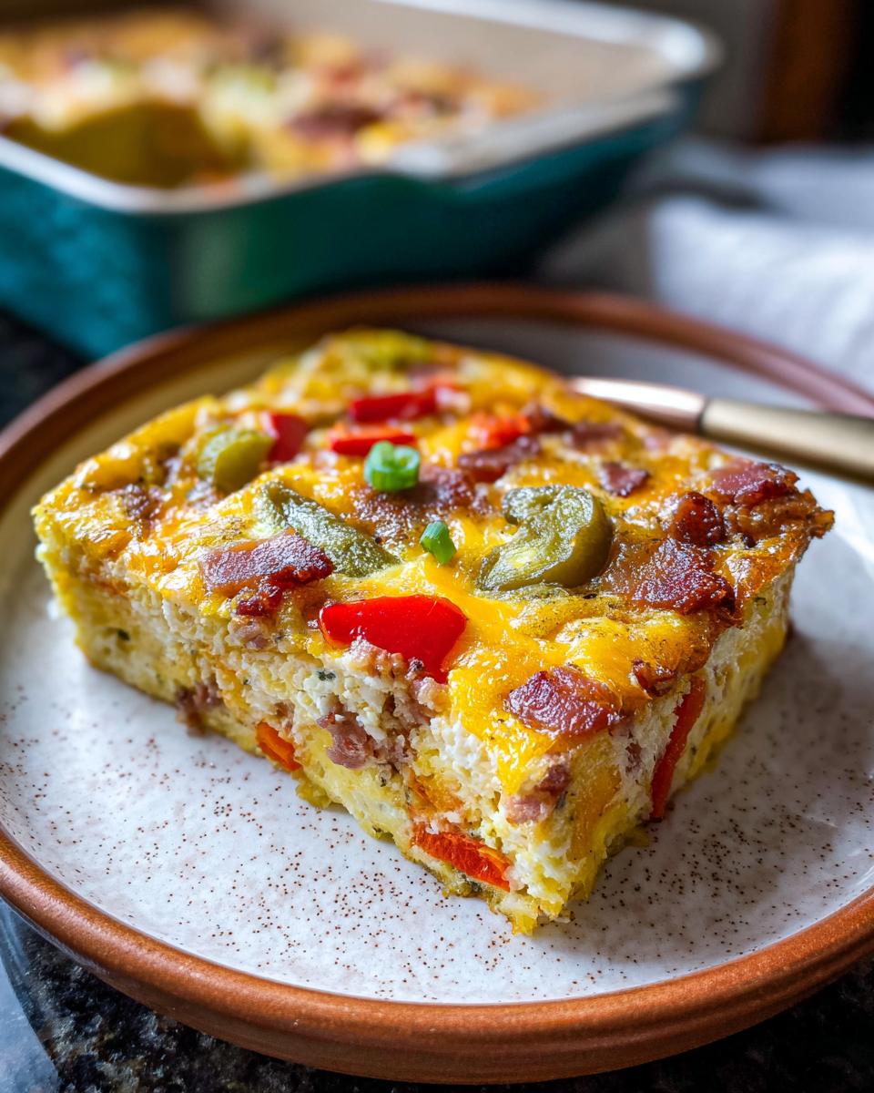 A hearty slice of Quick Breakfast Casserole topped with melted cheese, bacon, red peppers, and jalapeños on a speckled plate.