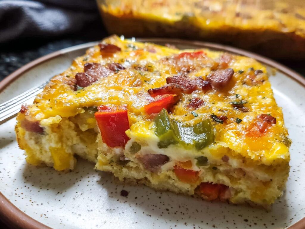 Close-up of a serving of Quick Breakfast Casserole showing eggs, cheese, bacon, and peppers.