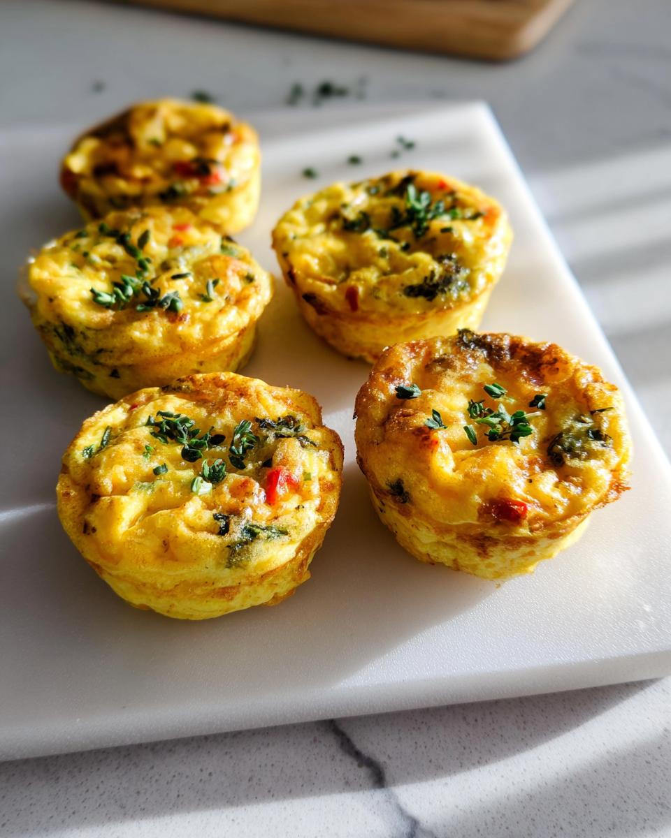Five golden, baked Breakfast Meal Prep Egg Cups topped with fresh herbs on a white cutting board.