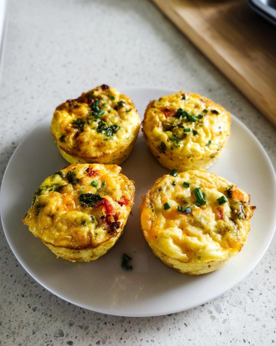 Four freshly baked Breakfast Meal Prep Egg Cups garnished with chives on a white plate.