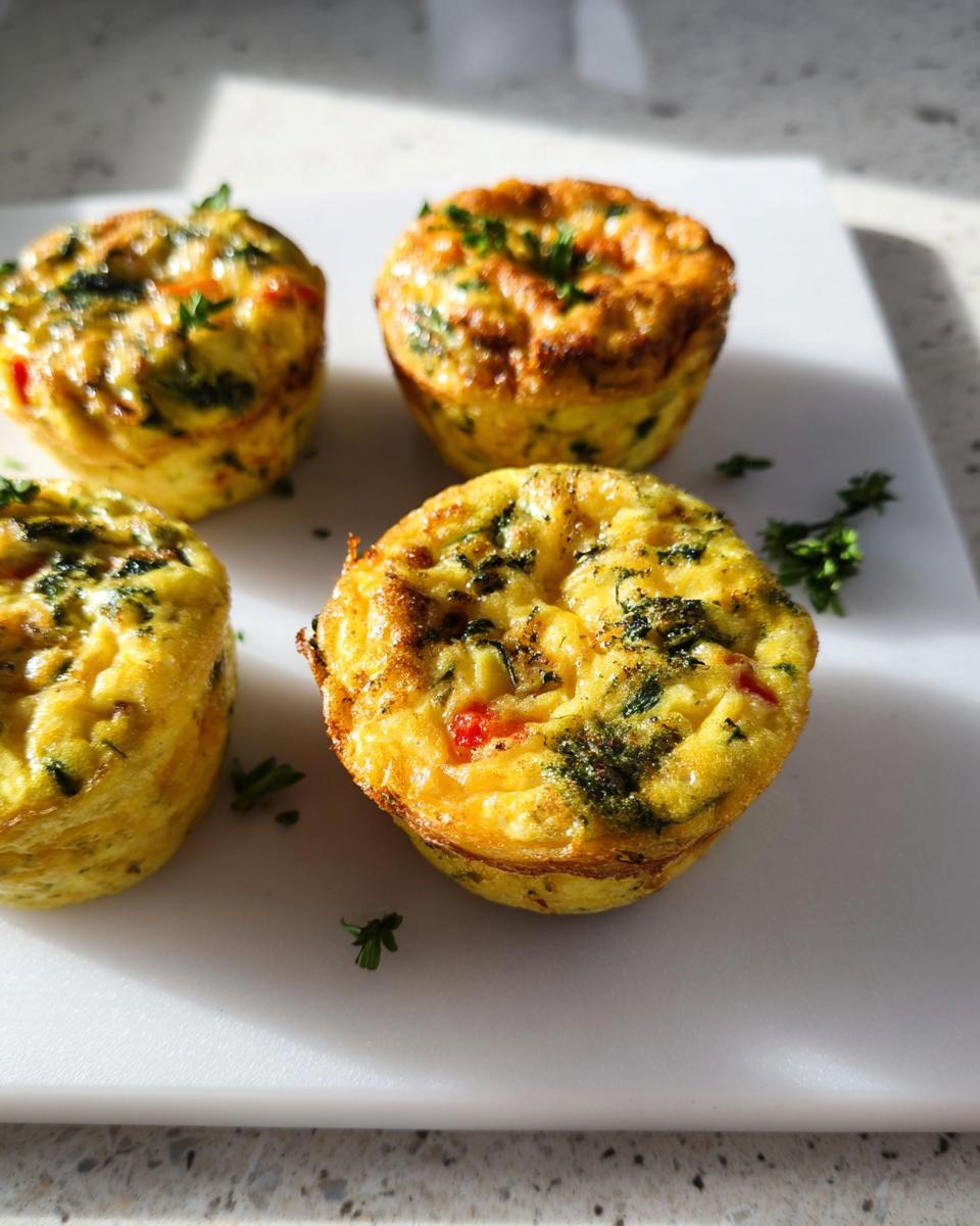 Four golden brown Breakfast Meal Prep Egg Cups topped with fresh parsley on a white cutting board.
