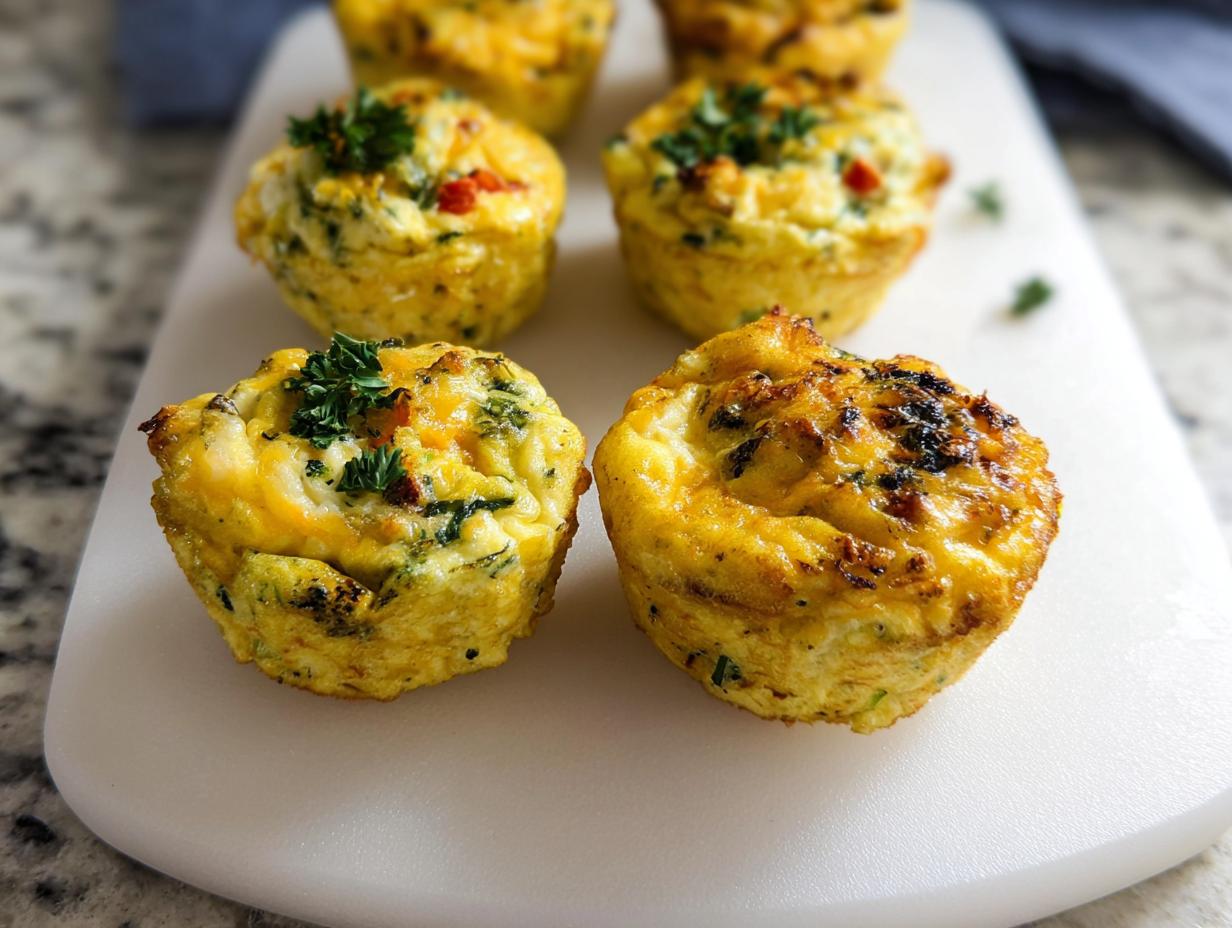 Close-up of freshly baked Breakfast Meal Prep Egg Cups garnished with parsley on a white cutting board.