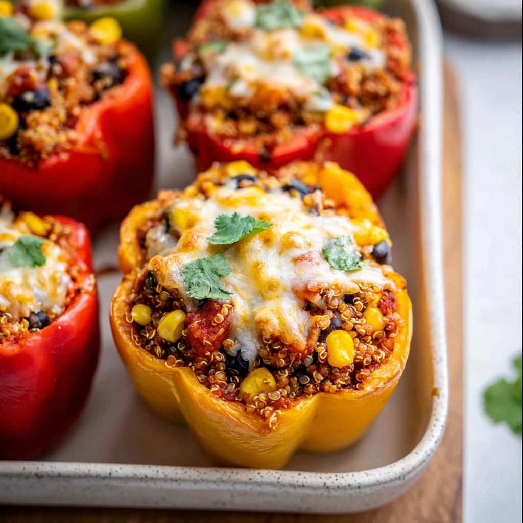 Close-up of colorful Quinoa Stuffed Bell Peppers filled with a savory mixture and topped with melted cheese and cilantro.
