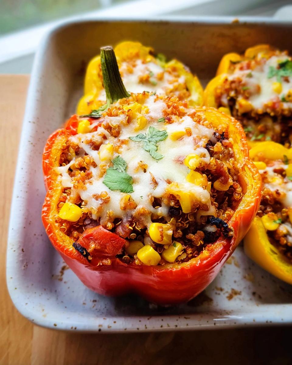 Close-up of a red Quinoa Stuffed Bell Pepper filled with quinoa, corn, tomatoes, and topped with melted cheese and cilantro.