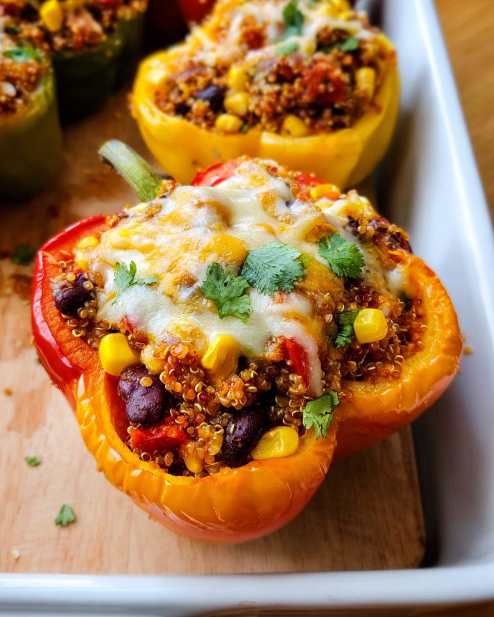 Close-up of a red Quinoa Stuffed Bell Pepper filled with quinoa, black beans, corn, and topped with melted cheese and cilantro.