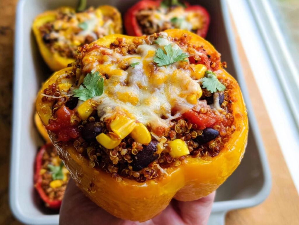A close-up of a yellow bell pepper stuffed with quinoa, black beans, corn, and topped with melted cheese and cilantro.