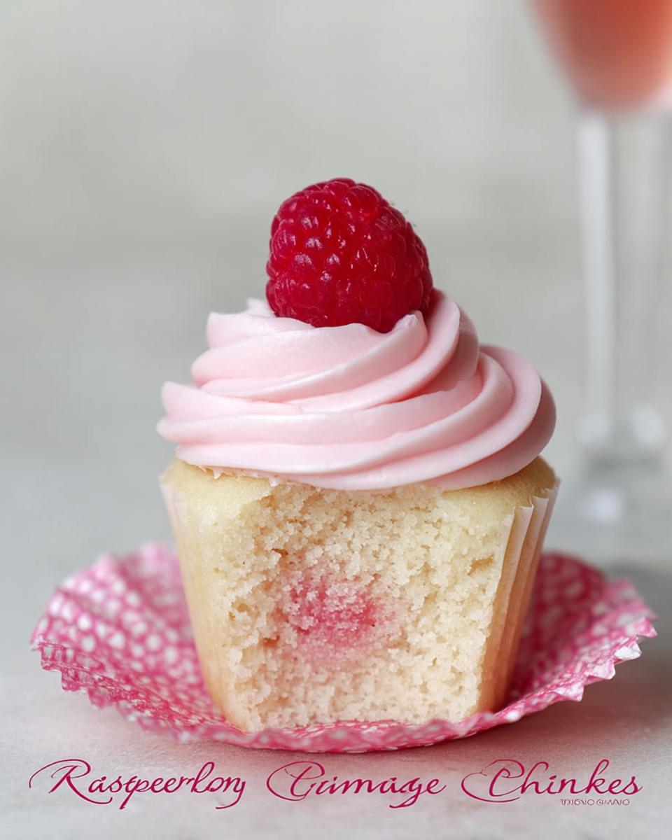 A close-up of a Raspberry Champagne Cupcakes with pink frosting, topped with a fresh raspberry, showing a bite taken out.