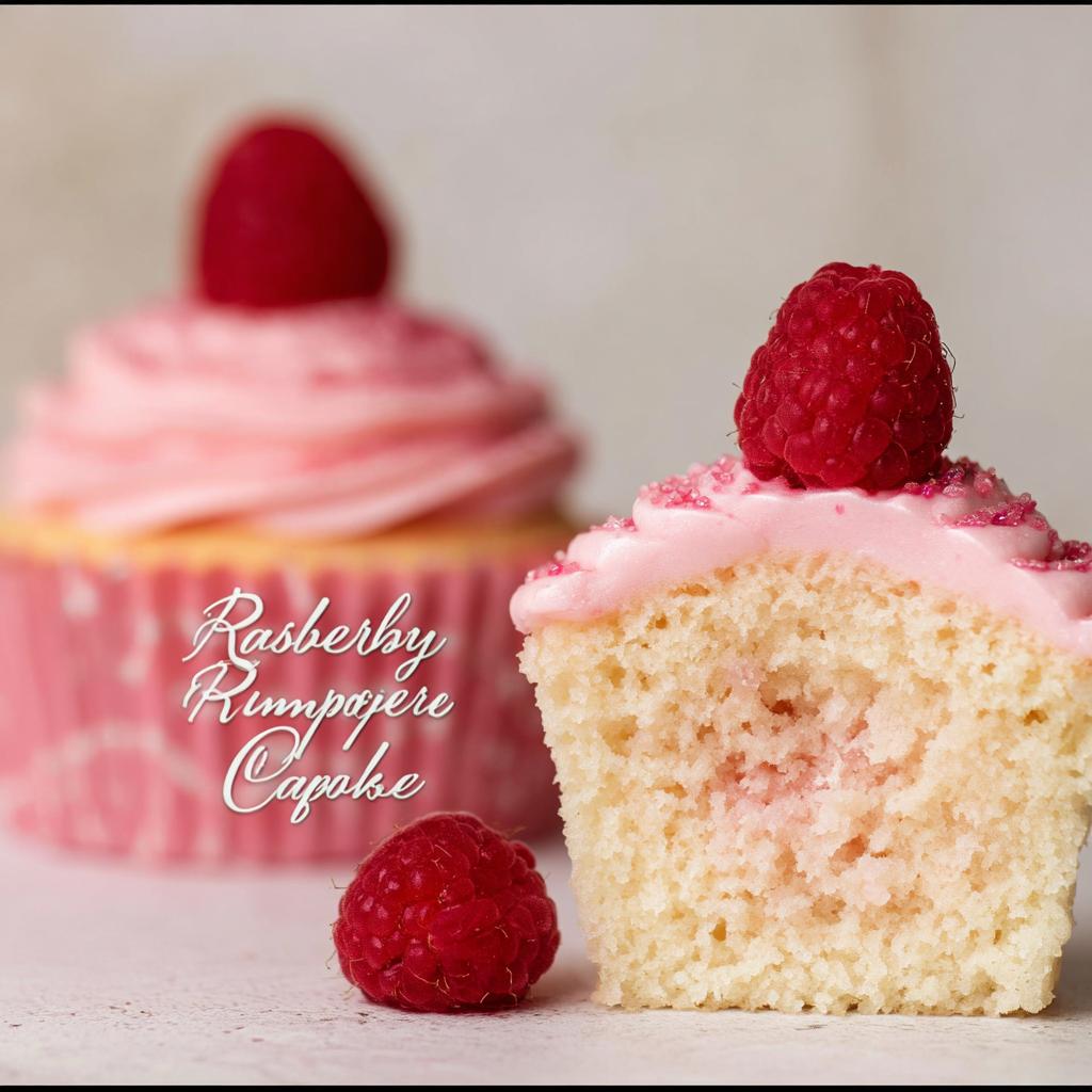 Cross-section view of a Raspberry Champagne Cupcakes showing fluffy cake and pink frosting topped with a fresh raspberry.