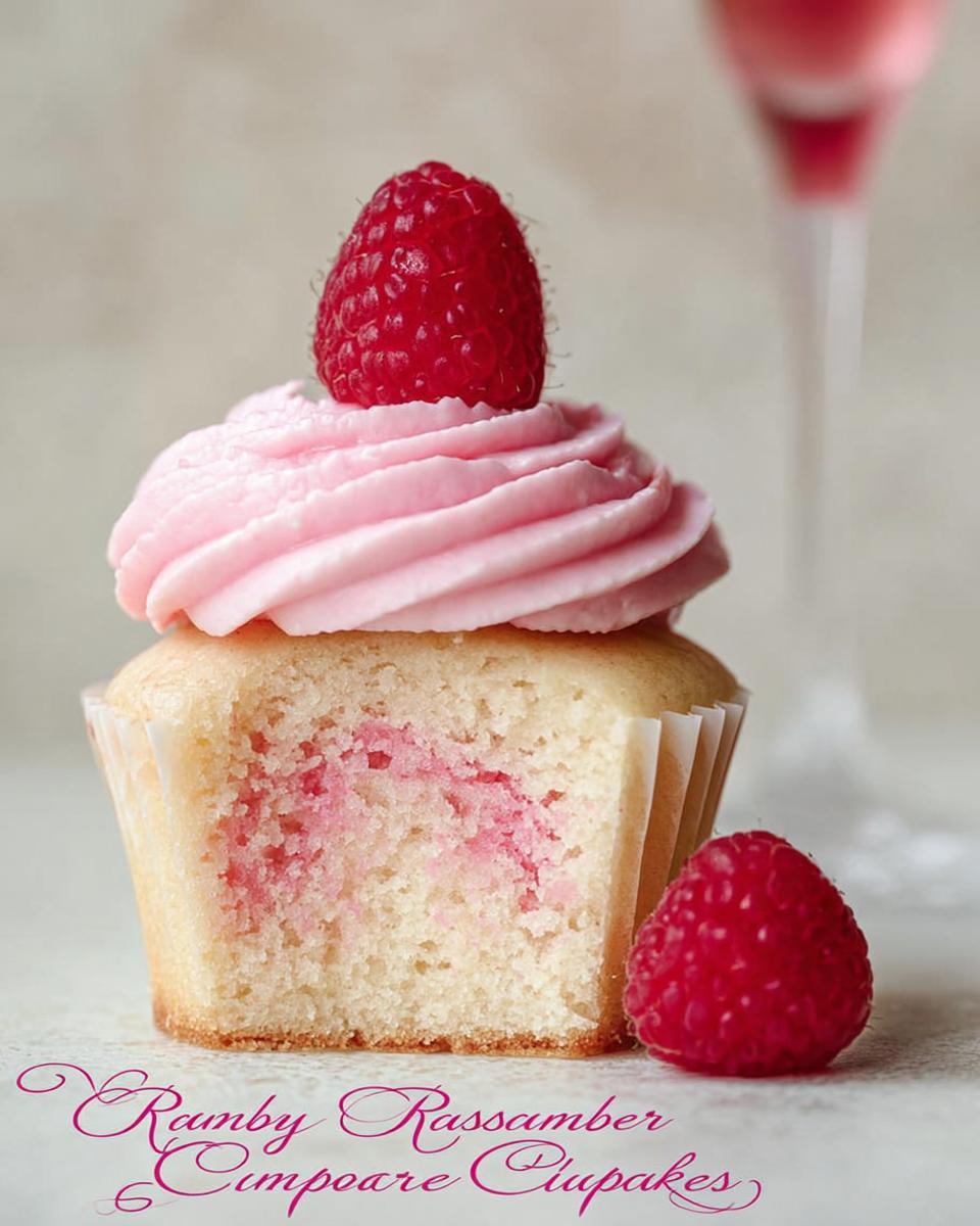 A cross-section view of a Raspberry Champagne Cupcake showing pink swirl frosting and a raspberry on top.