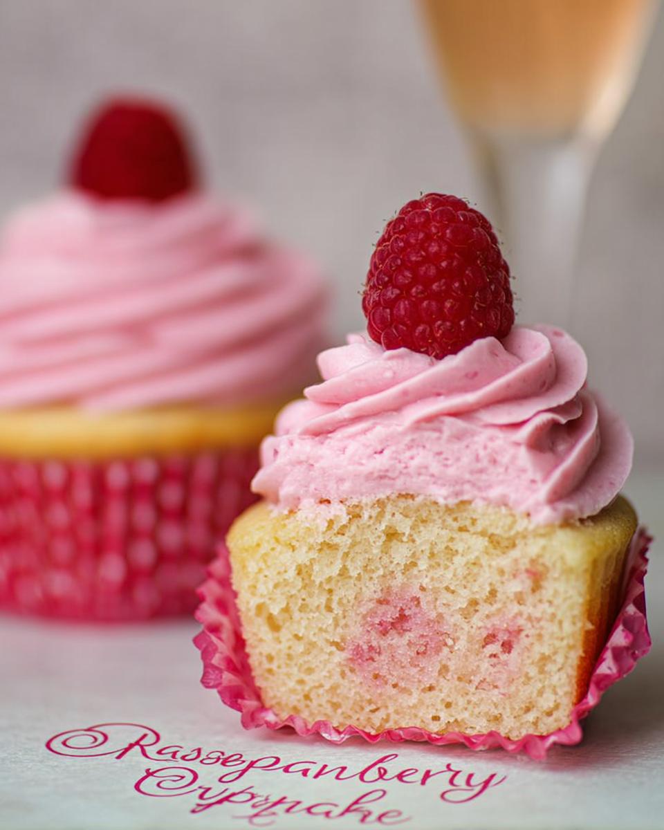 Close-up of a Raspberry Champagne Cupcakes cut in half showing pink swirl in the cake, topped with pink frosting and a fresh raspberry.