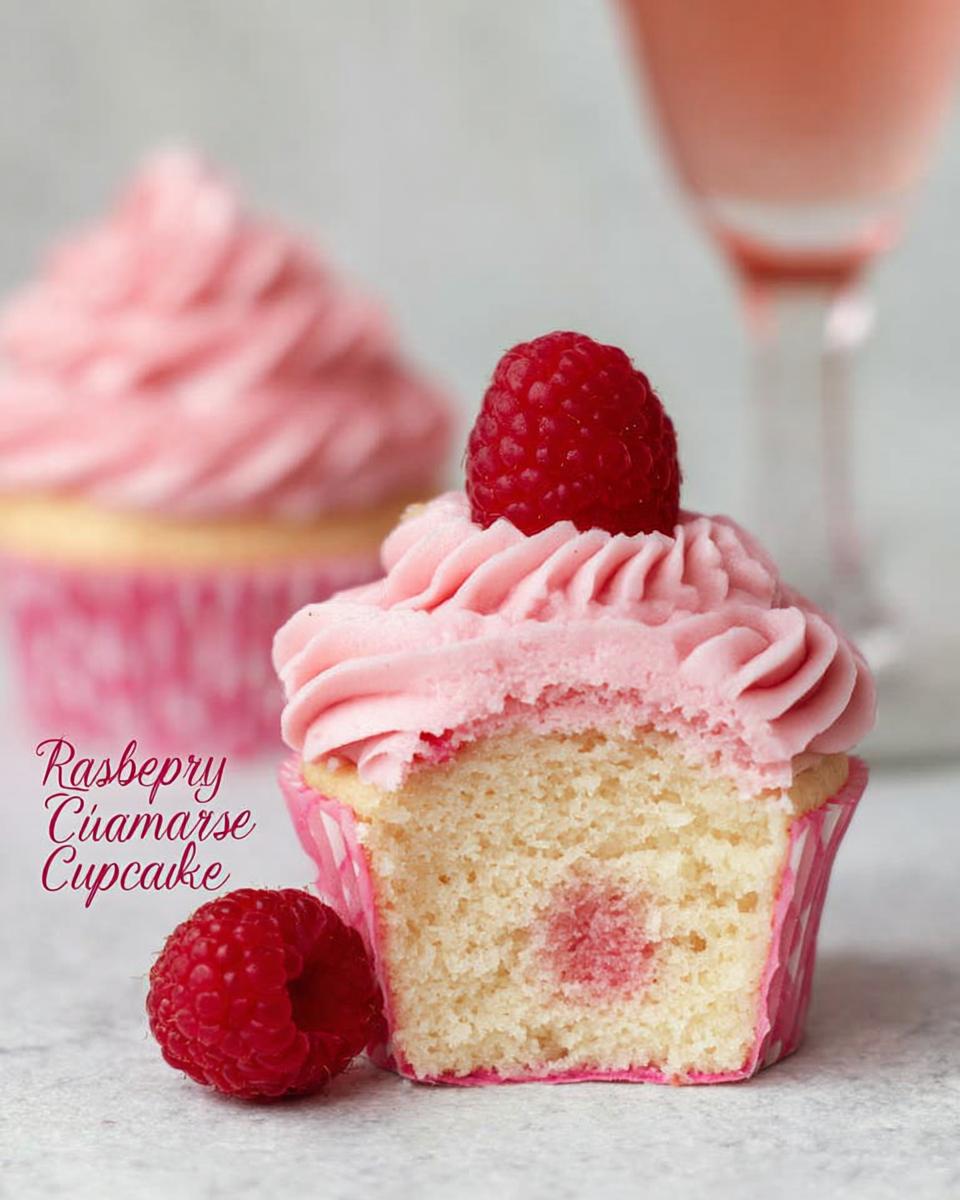 Close-up of a Raspberry Champagne Cupcakes cut in half showing the cake texture and pink frosting.
