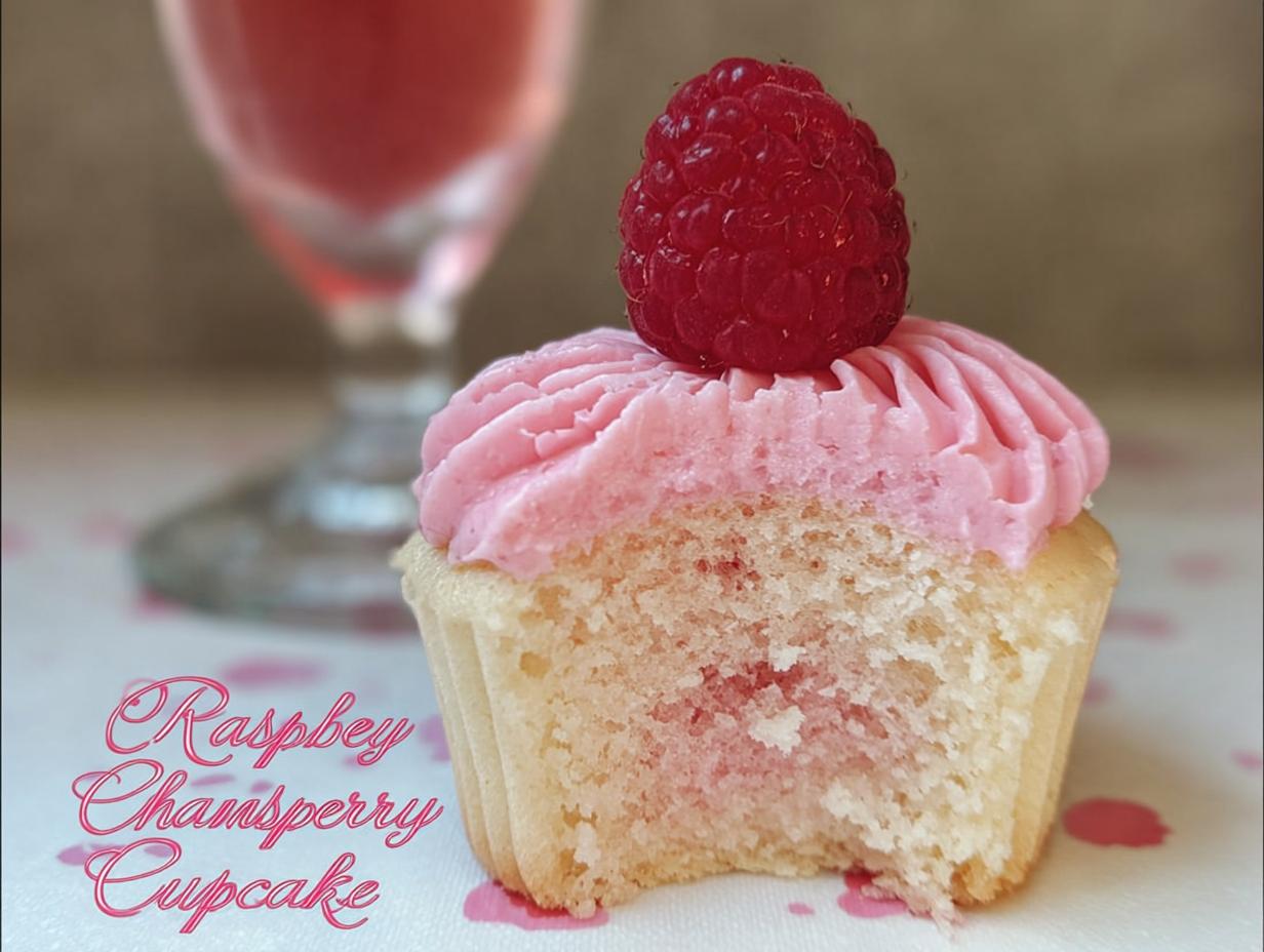 Close-up of a Raspberry Champagne Cupcakes cut in half showing the light cake crumb, pink frosting, and a fresh raspberry on top.