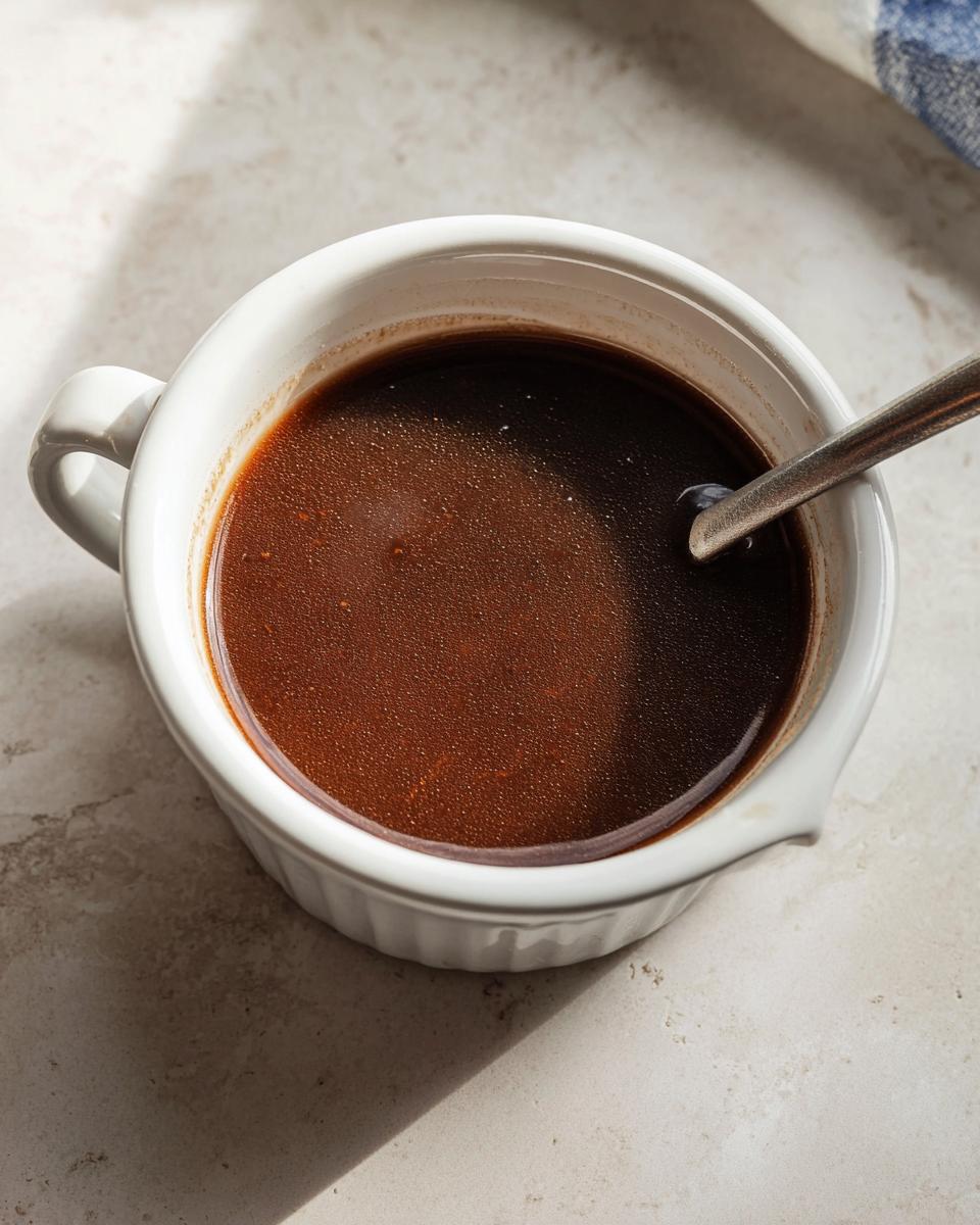 A small white gravy boat filled with rich, dark brown au jus liquid, ready to serve.