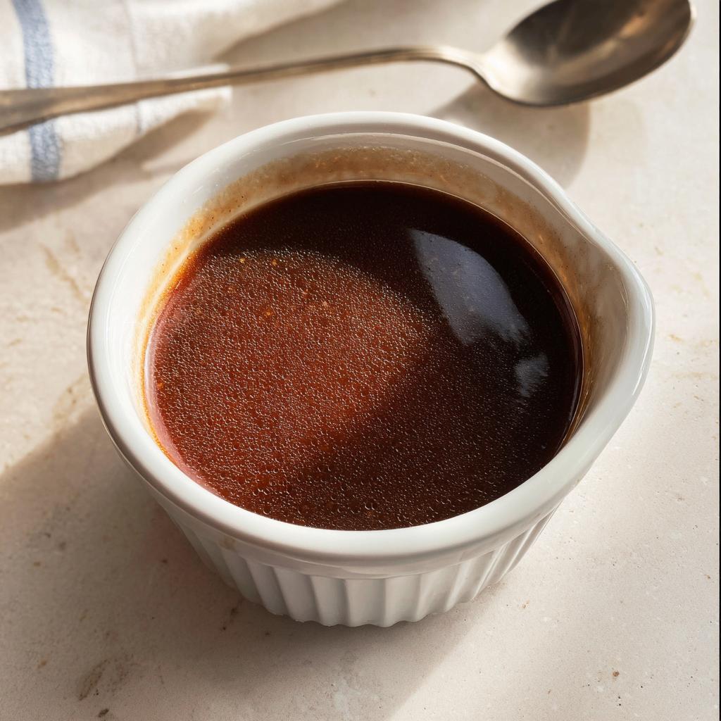 Close-up of rich, dark brown au jus liquid served in a small white ramekin, made from Homemade Dry Au Jus Seasoning Mix.