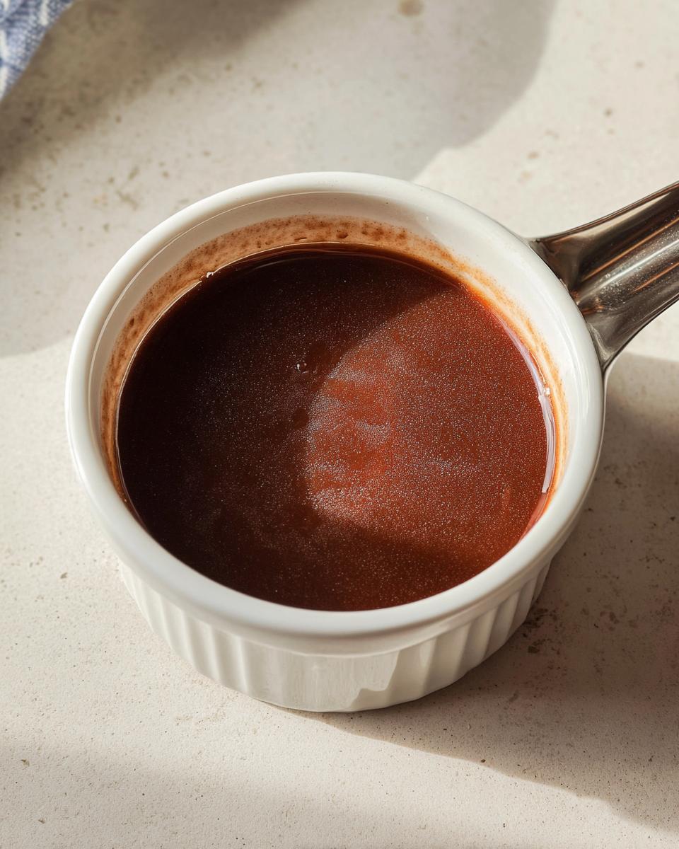 Close-up of rich brown liquid au jus in a small white ramekin with a metal handle.