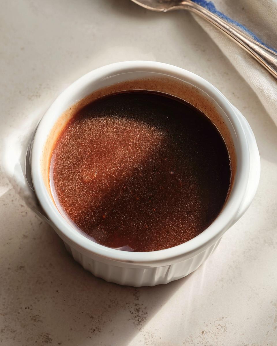 A small white ramekin filled with rich, dark brown liquid au jus, likely made from Homemade Dry Au Jus Seasoning Mix.