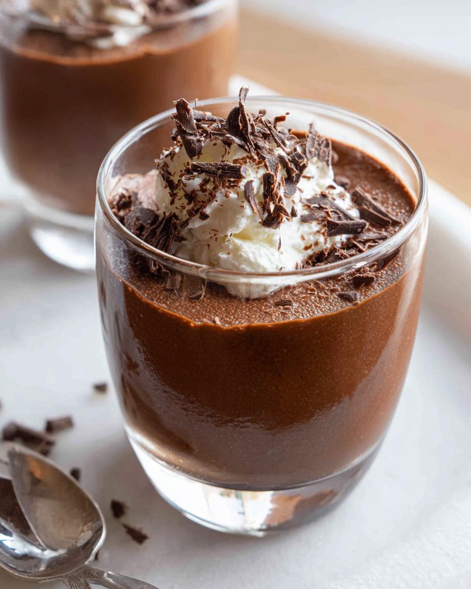 A close-up of rich Chocolate Mousse in a glass, topped with whipped cream and dark chocolate shavings.