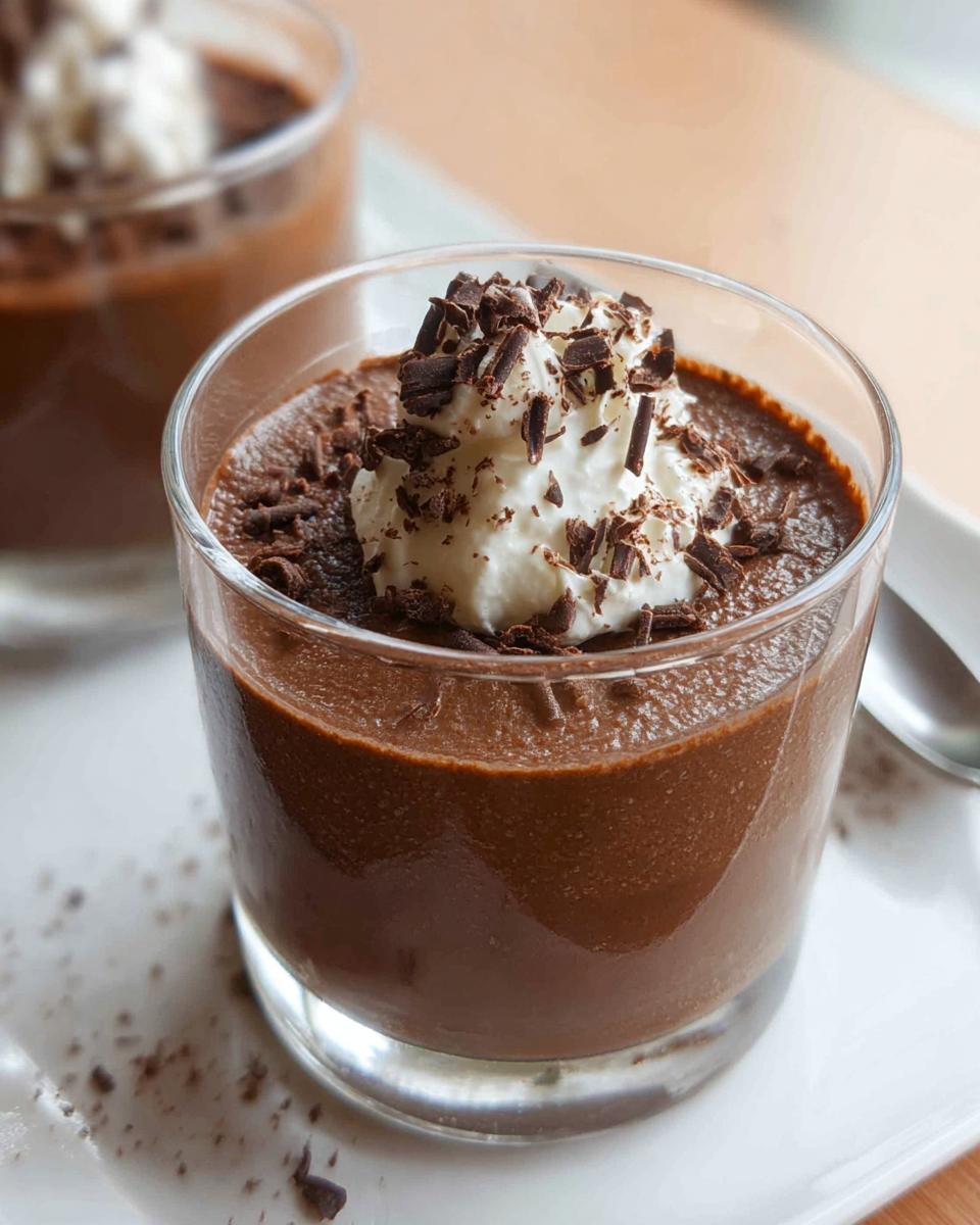 Close-up of a serving of rich Chocolate Mousse topped with whipped cream and dark chocolate shavings.