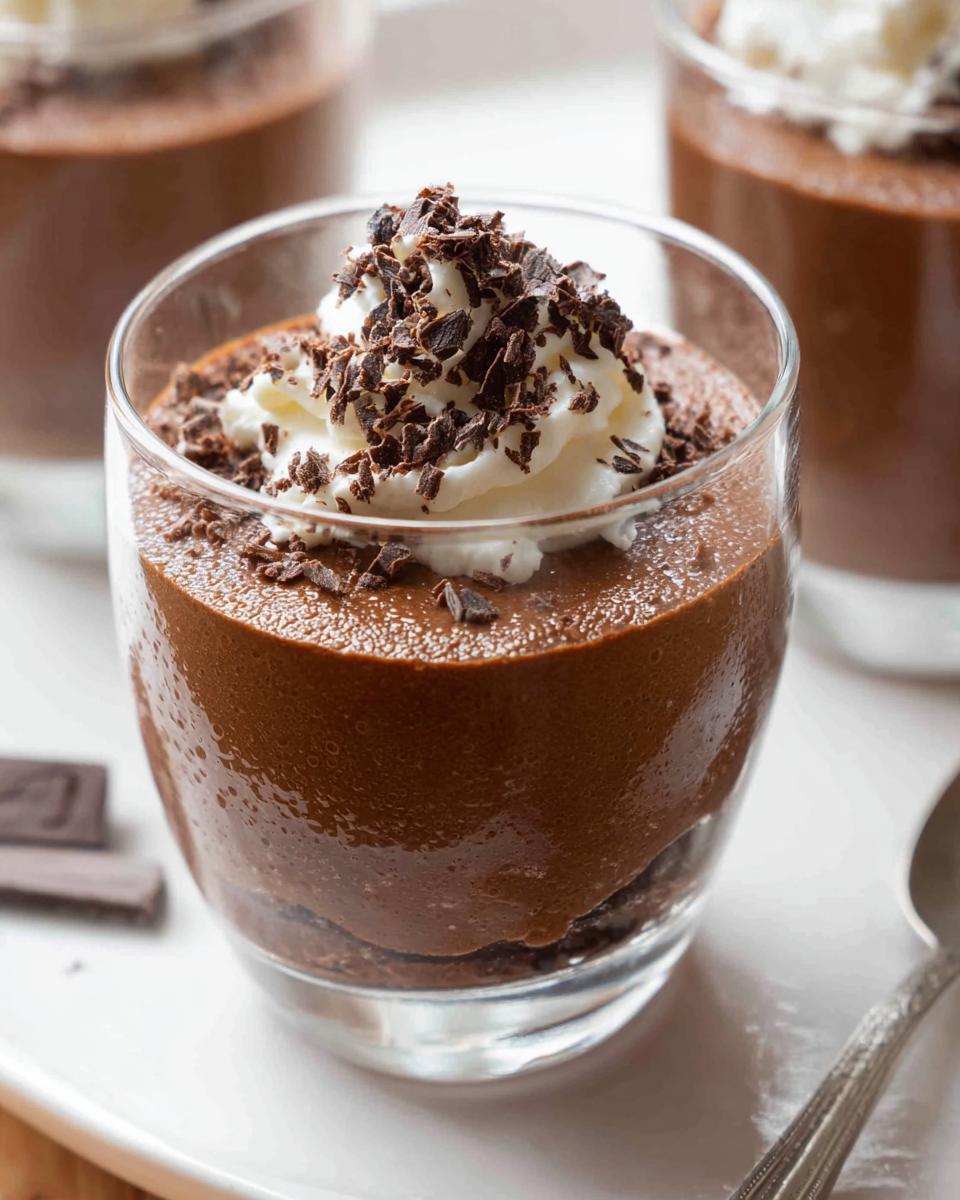 Close-up of a single serving of rich Chocolate Mousse topped with whipped cream and chocolate shavings.
