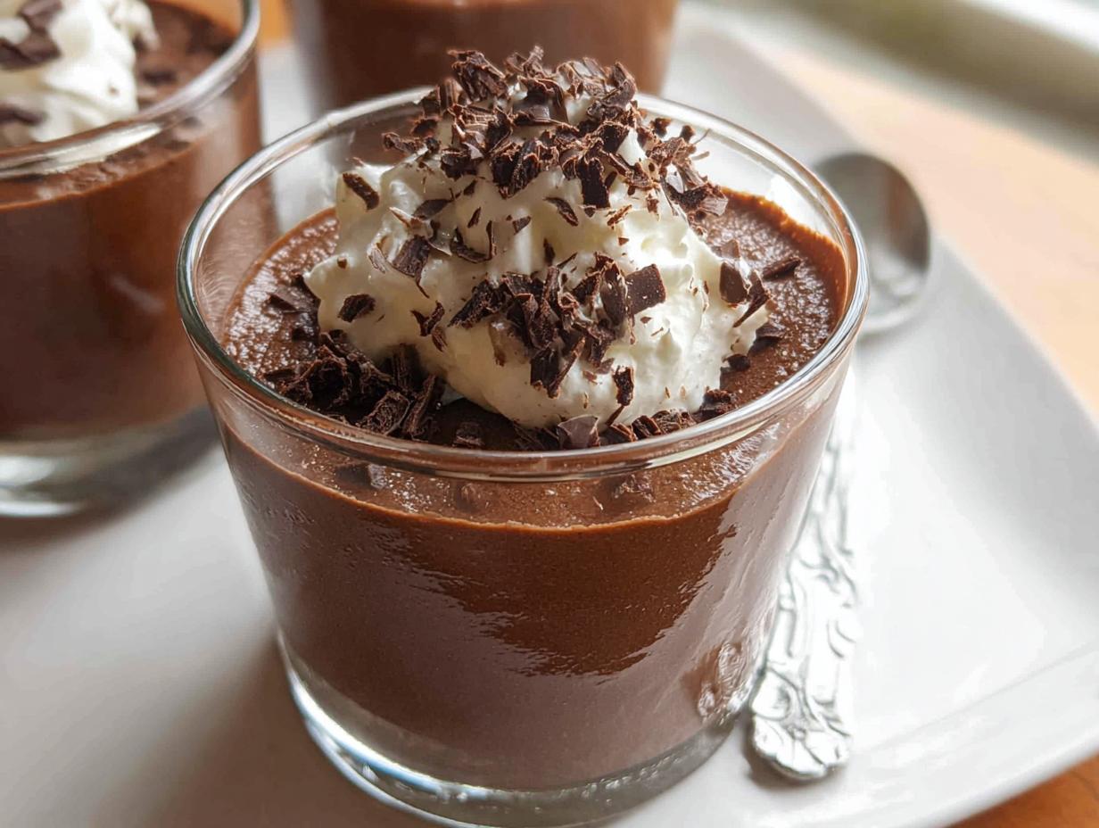 Close-up of a serving of rich Chocolate Mousse topped with whipped cream and chocolate shavings.