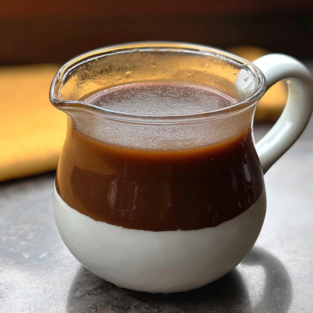 Close-up of rich and flavorful beef au jus recipe liquid in a small white and clear glass creamer.