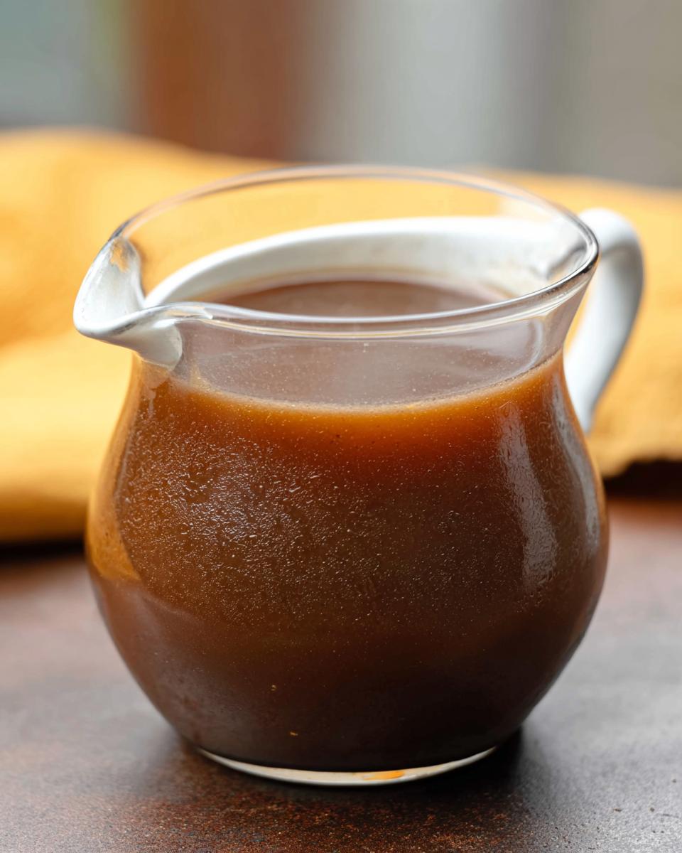 Close-up of rich and flavorful beef au jus recipe liquid in a small glass gravy boat.