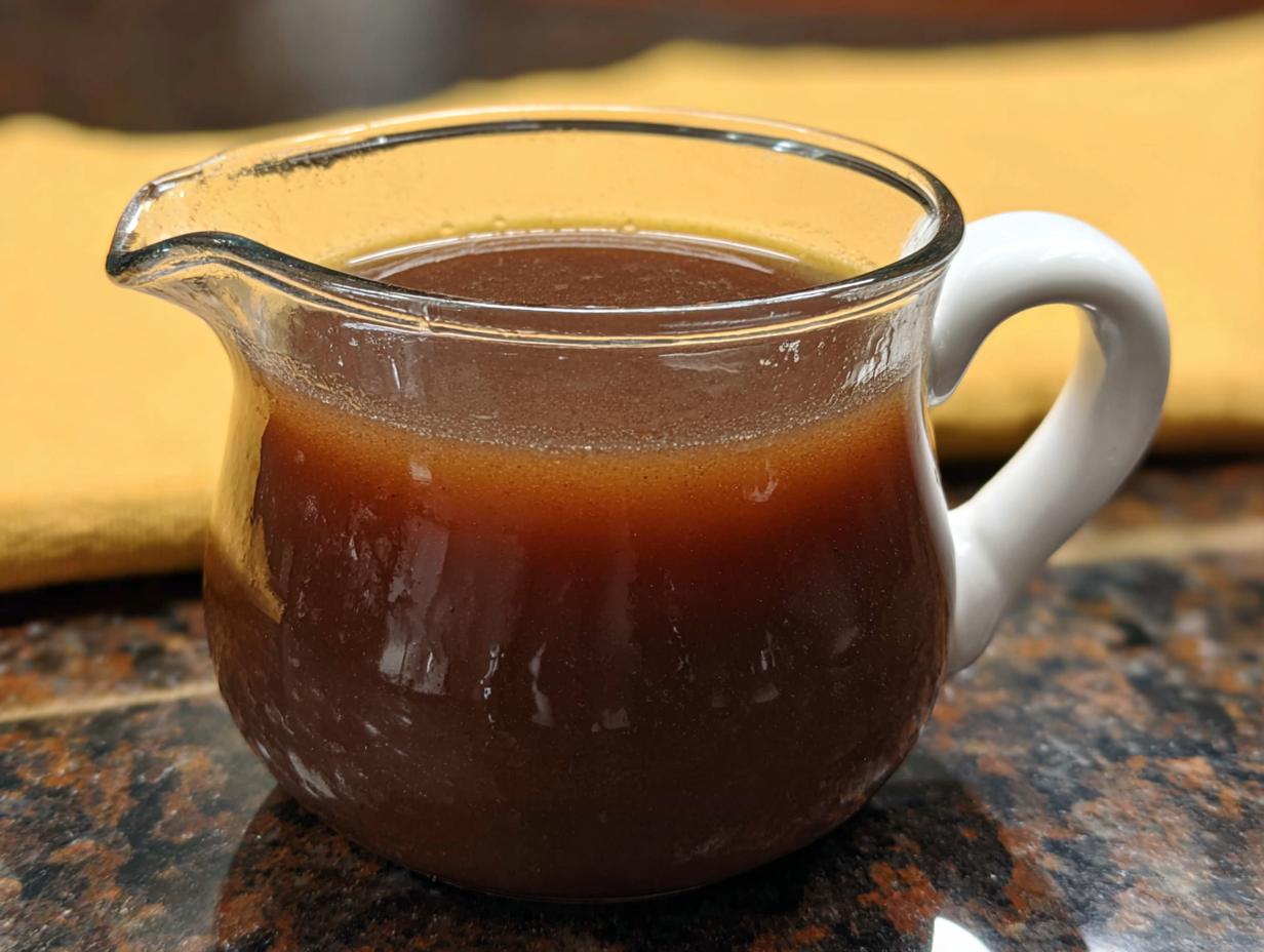 Close-up of a small glass gravy boat filled with rich and flavorful beef au jus recipe.