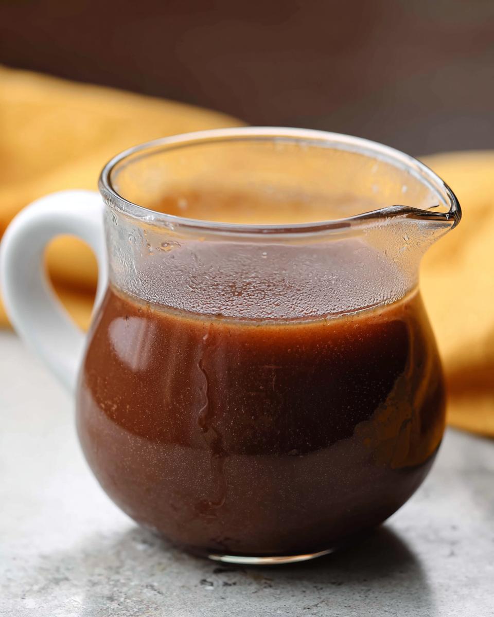 Close-up of rich and flavorful beef au jus recipe liquid served hot in a small glass pitcher.