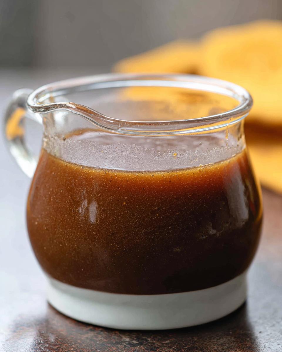Close-up of a small glass pitcher filled with rich and flavorful beef au jus recipe.