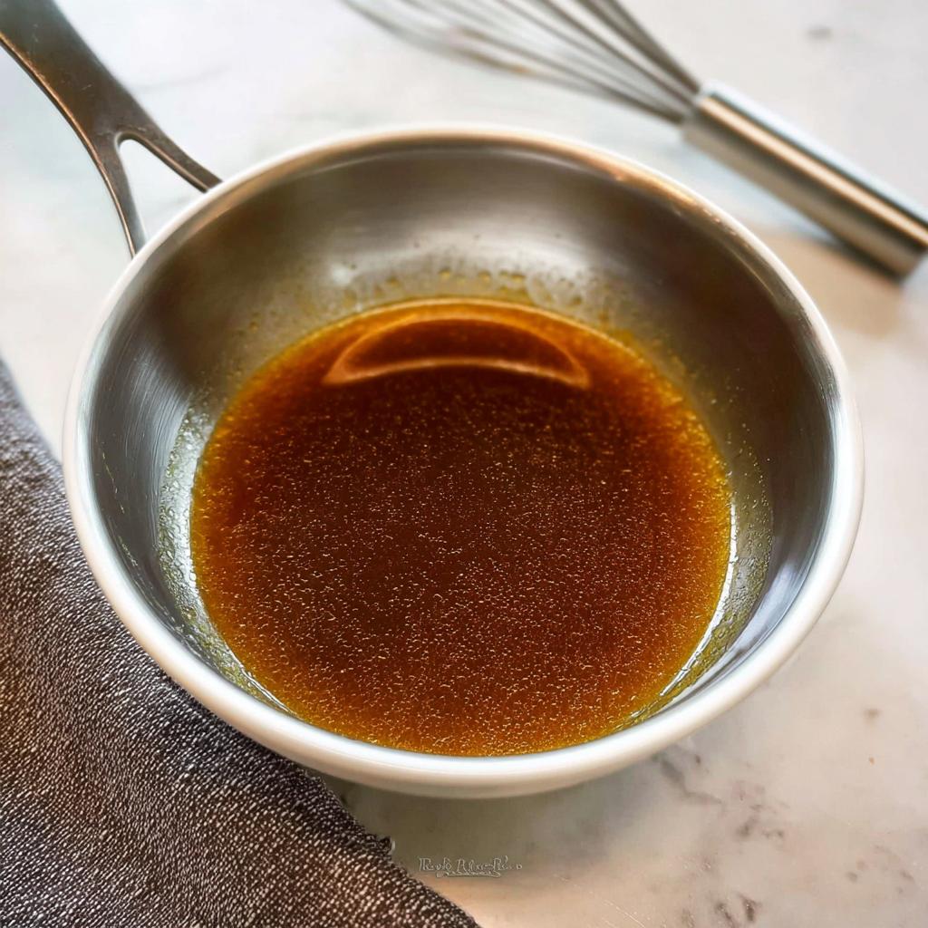 Close-up of rich brown liquid, likely au jus, simmering in a small stainless steel saucepan next to a whisk.