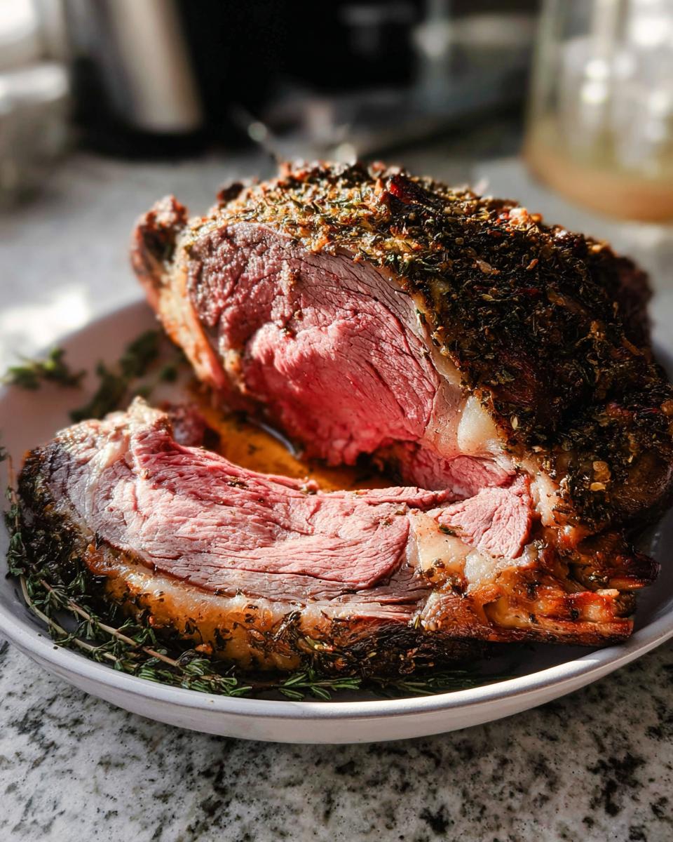 A thick slice of perfectly roasted prime rib in the oven, showing a medium-rare pink center and herb crust.