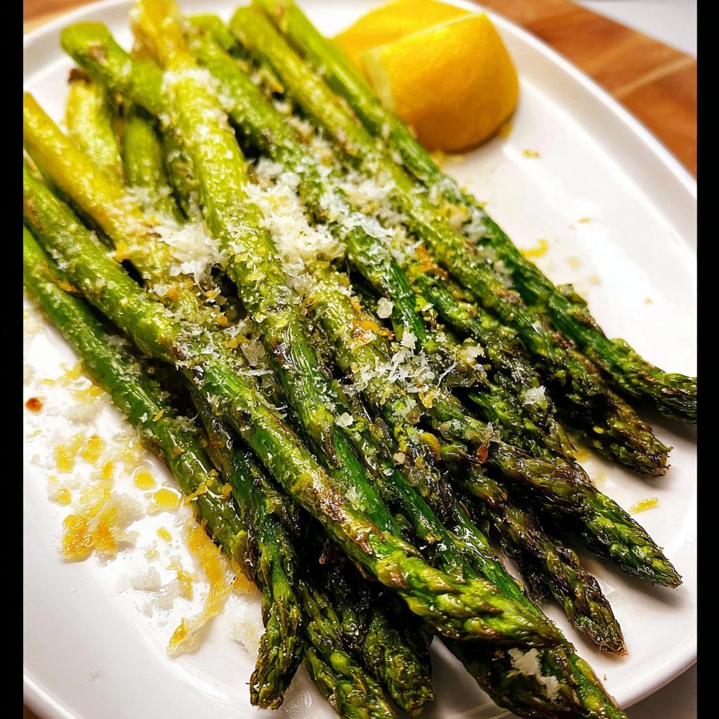 A plate of perfectly Roasted Asparagus with Parmesan cheese and a lemon wedge garnish.