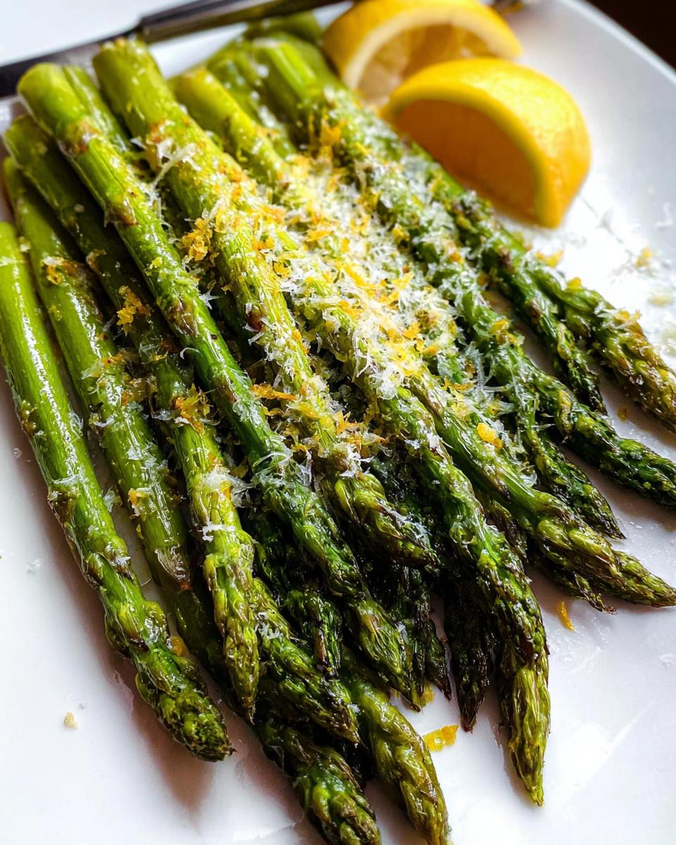 A close-up of vibrant green Roasted Asparagus with Parmesan cheese and lemon zest, served on a white plate.