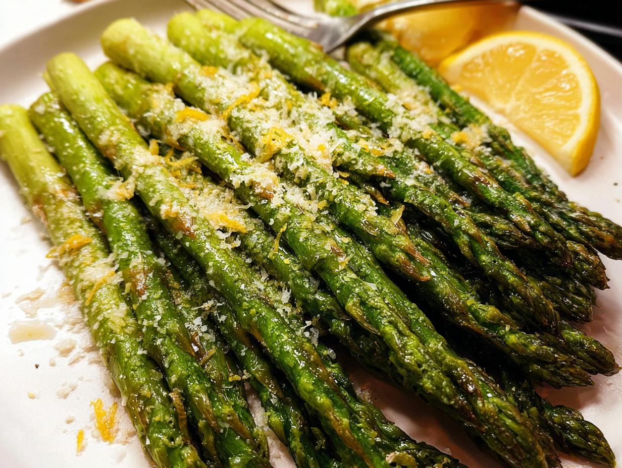 A close-up of bright green Roasted Asparagus with Parmesan cheese and lemon zest.