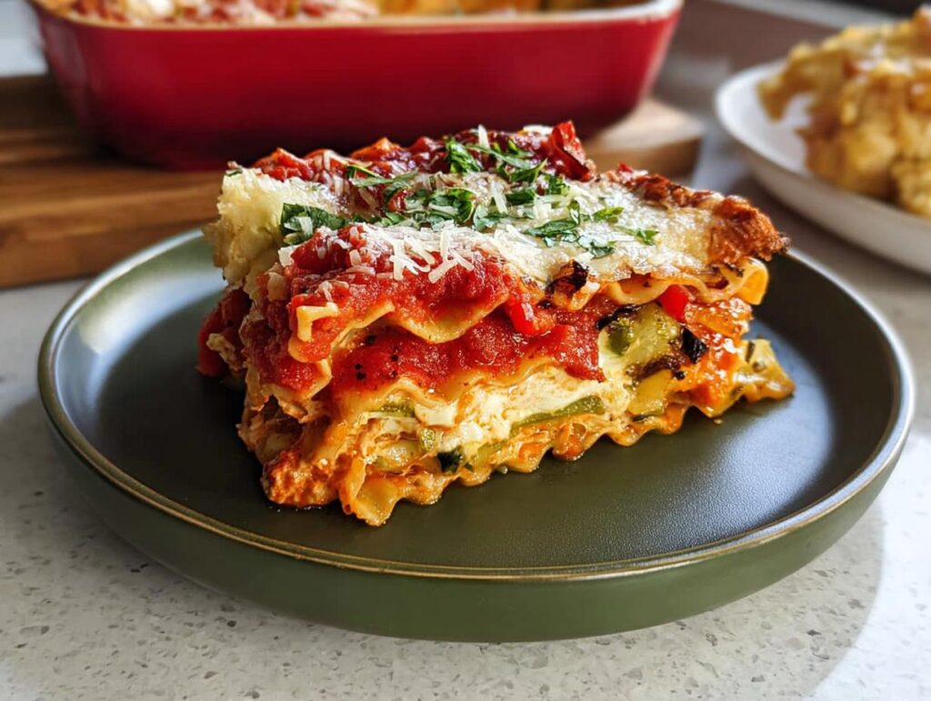 A generous slice of Roasted Vegetable Lasagna, showcasing layers of pasta, vegetables, cheese, and marinara sauce.
