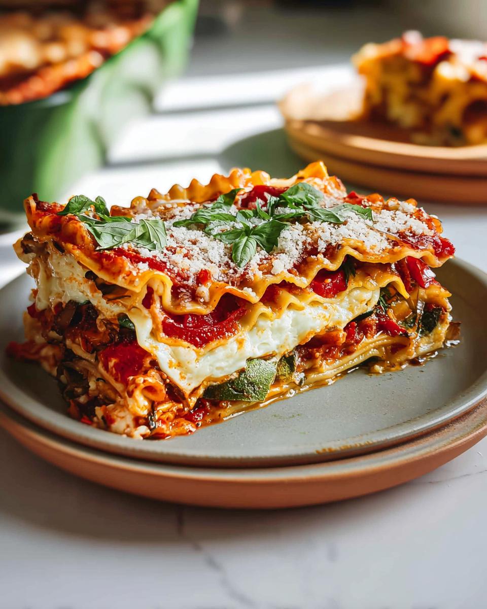 A generous slice of Roasted Vegetable Lasagna, layered with pasta, cheese, and vibrant roasted vegetables, garnished with fresh basil.