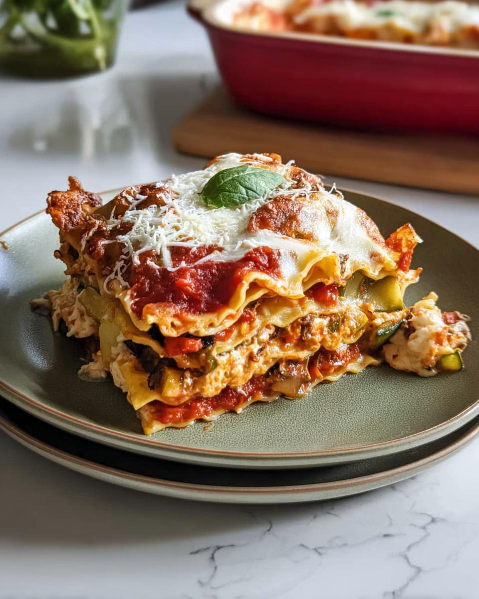 A generous slice of Roasted Vegetable Lasagna on a plate, layered with pasta, sauce, cheese, and vegetables, topped with basil.