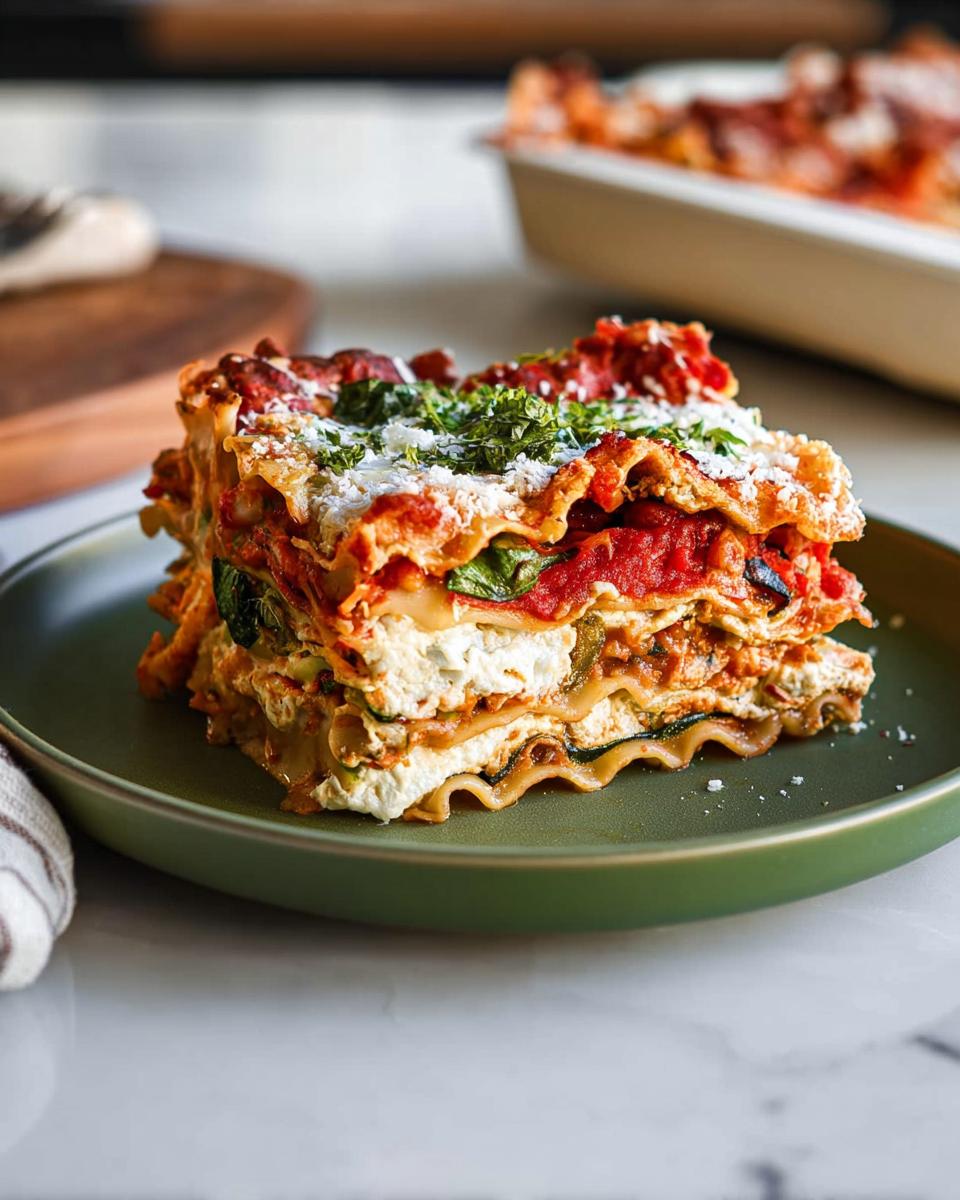 A generous slice of Amazing Roasted Vegetable Lasagna on a green plate, showcasing layers of pasta, cheese, and vegetables.
