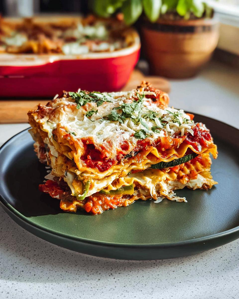 A generous slice of Roasted Vegetable Lasagna, showcasing layers of pasta, sauce, cheese, and zucchini on a dark green plate.