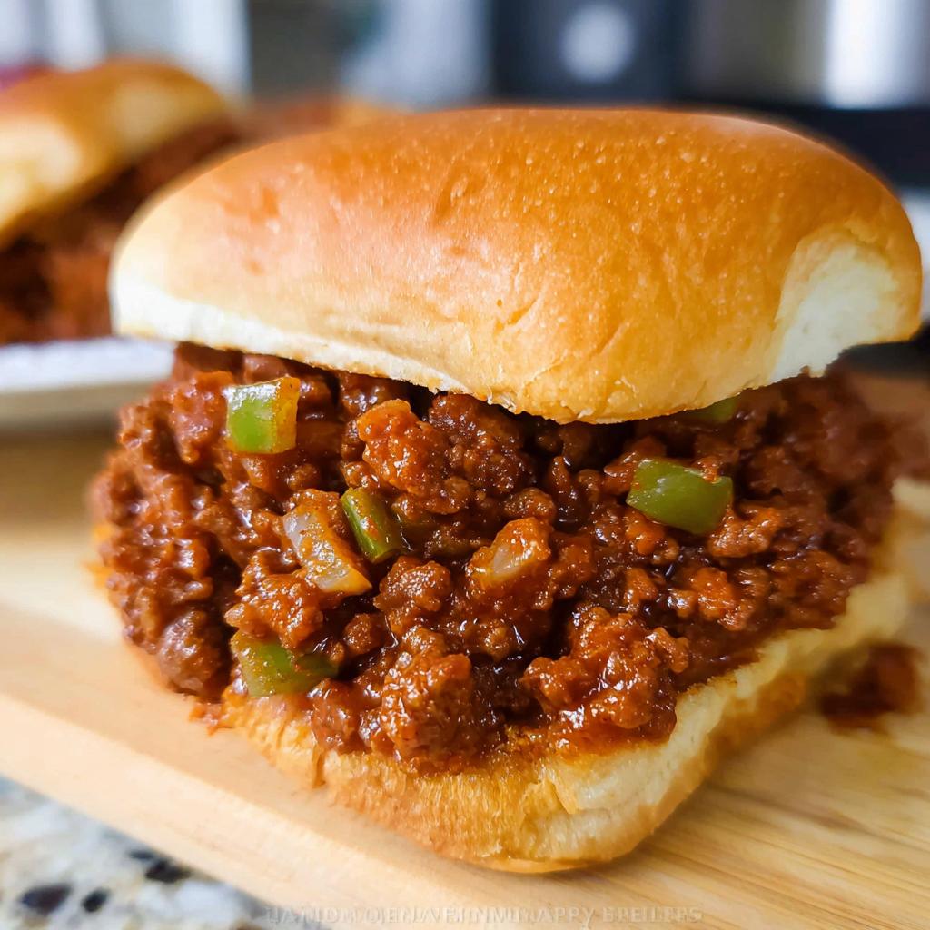 A close-up, appetizing shot of a fully loaded Sloppy Joes sandwich on a soft bun, featuring saucy ground meat and green peppers.