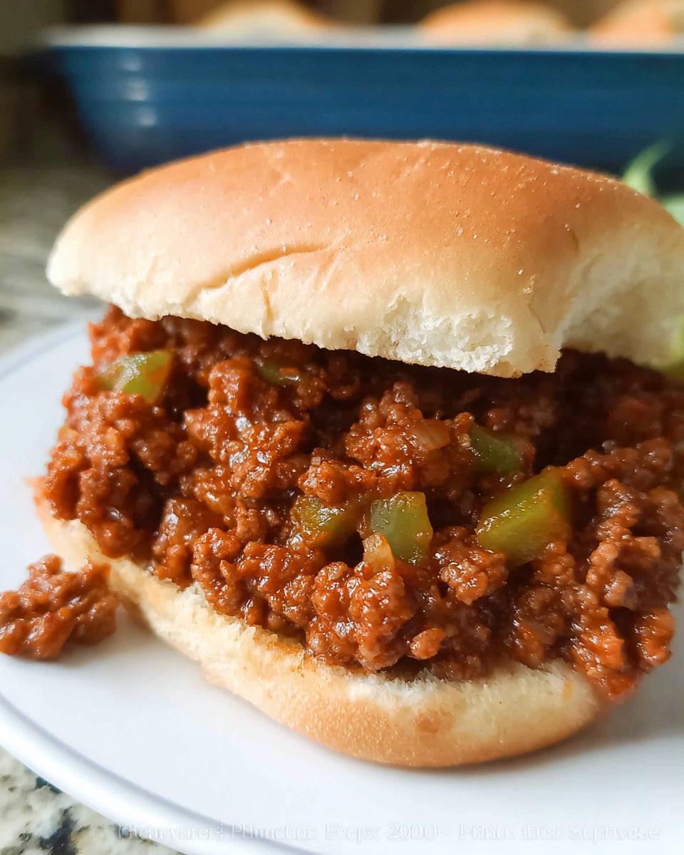 A close-up of a freshly made Sloppy Joes sandwich piled high with saucy meat and green peppers on a soft bun.
