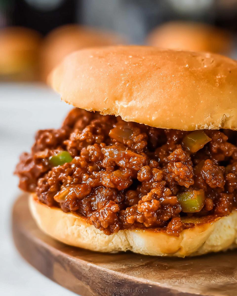 A close-up, appetizing shot of saucy Sloppy Joes piled high on a soft hamburger bun, sitting on a wooden board.